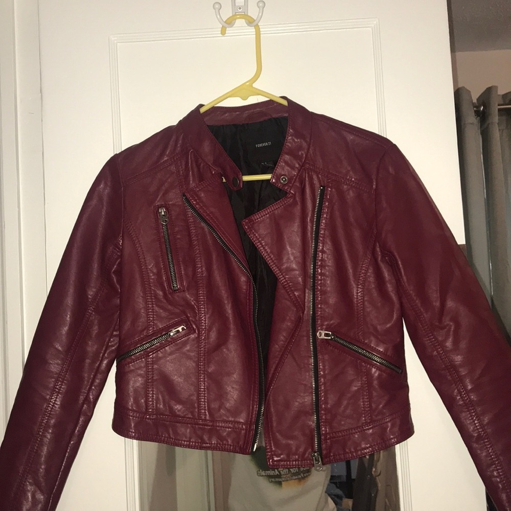 Maroon faux leather biker jacket